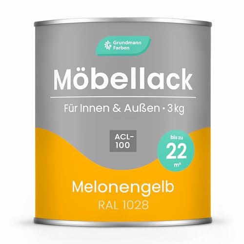Grundmann Möbellack ACL 100 - Gelb 3 Kg - Lösemittelfrei & Geruchsarm - 4in1 Möbelfarbe inkl. Grundierung - Innen und Außen - Für Holz, Metall & Kunststoff - RAL 1028 Melonengelb