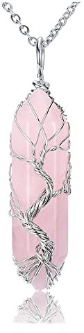 JSDDE Natural Rose Quartz Crystal Stone Necklace Life Tree Silver Wrapped Quartz Gemstone Pendant Necklaces Jewelry for Women