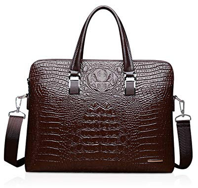 NICOLE & DORIS Crocodile Pattern Handbag for Men 2 Piece Tote Purse Women Business Work Bag Elegant Shoulder Bag Ladies Wallet PU Leather Briefcase Brown