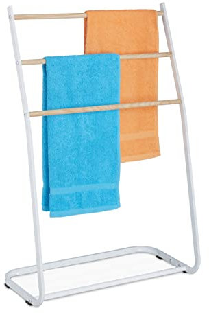 Relaxdays Porte-Serviettes sur Pied, métal, 3 traverses Aspect Bois, pour Serviettes, HxLxP : 87 x 58 x 29,5 cm, Blanc
