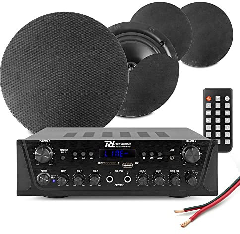 Power Dynamics 2-Zone Multi Room Ceiling Speaker System PV220BT Bluetooth Amplifier with 4x NCSS8B