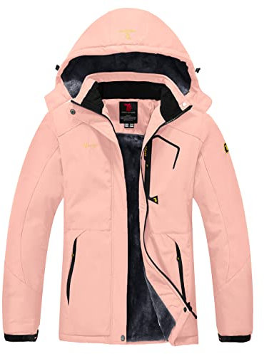 YSENTO Damen Winter Fleece wasserdichte Skijacke Outdoor Verdickte Softshell Warm Winddicht Wandern Funktionelle Atmungsaktive Jacke mit Abnehmbarer Kapuze(Rosa,L)