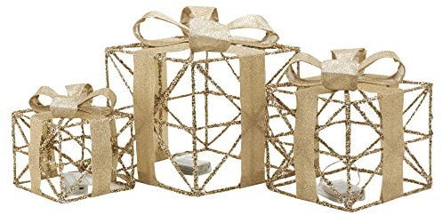 3 Piece LED Light Up Christmas Xmas Parcel Nesting Stacking Silver Gold Gift Box Under the Tree Decorations Boxes (Gold)