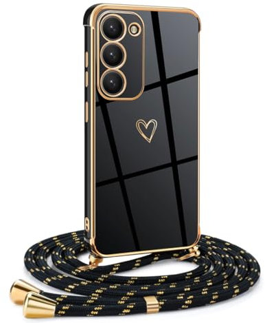 Mkej Coque pour Samsung Galaxy S23 avec Cordon de Collier, Coque avec Cordon Motif Coeur d'amour TPU Housse, Collier RéglableTéléphone Portable Lanyard Case Samsung Galaxy S23, Or Noir