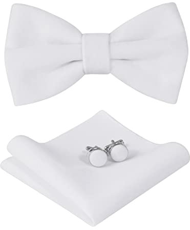 HOULIFE Fliege Herren Set - Verstellbare Fliege aus Samt Vorgebunden Fliege, einfarbige Einstecktuch, Manschettenknöpfe Set für Bräutigam Hochzeit formal mit Geschenkbox - Weiß