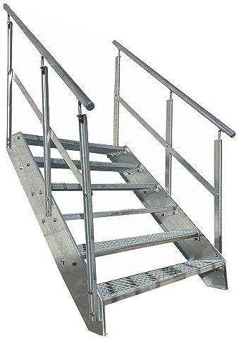 Kaminbau Mierzwa Premium Stahl Treppe Beidseitiges Geländer Verzinkt 6 Stufen (Breite 1000 mm) (Höhe 114 cm) Wetterfest Gitterroststufe Gartentreppe