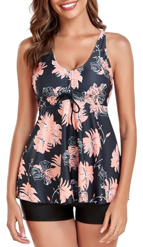 FLYILY Femme Maillot De Bain Deux Pièce Tankini Imprimé Floral 2 Pieces Tankini Push Up Contrôle du Ventre avec Boyshort(BlackFlower,XXL)
