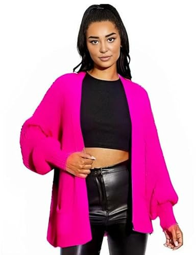 HUBIBUBI Women's Open Front Chunky Two Pockets Long Sleeve Cable Knitted Cardigans Ladies Oversized Balloon Sleeve Short Pockets Knitted Cardigans UK 8 to 18