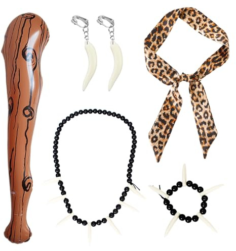 EUPSIIU Lot de 5 costumes d'homme des cavernes sauvages gonflables avec bandeau léopard ivoire, bracelet, collier, boucles d'oreilles, accessoires de costume de grotte, bâton d'homme des cavernes pour