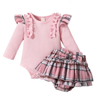 Haokaini Baby Mädchen Kleidung Rock Set Rüschen Langarm gerippt Strampler Top Plaid Rock Kuchen Kleid 2Pcs Mode Set