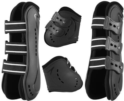 Frdhee Gamaschen & Streichkappen, 4er Set Gamaschen Pferd mit Schlagschutz Pferde-Sportstiefel Neopren Pferdesehne Bandage Reitausrüstung für Springen, Reiten, Events, Dressur, M, Schwarz