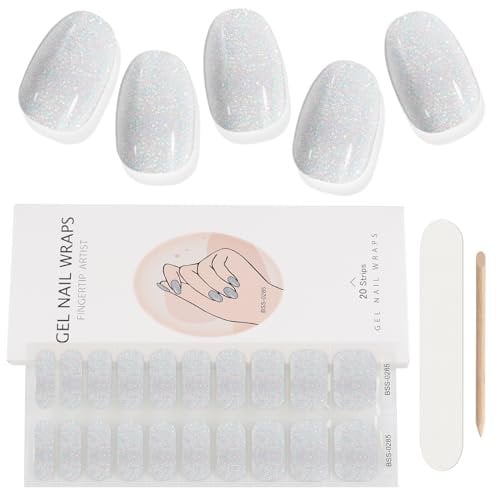 EBANKU 20PCS Gel Nail Stickers, Sliver Glitter Gel Nail Strips Long Lasting Gel Strips for Nails UV Gel Nail Stickers with Nail File & Wooden Stick for Women Manicure