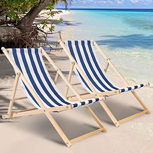 Tubiaz Lot de 2 chaises longues en bois - Charge maximale : 120 kg - Pliable - Résistant aux intempéries - Réglable - Pour camping, balcon, piscine - Bleu et blanc