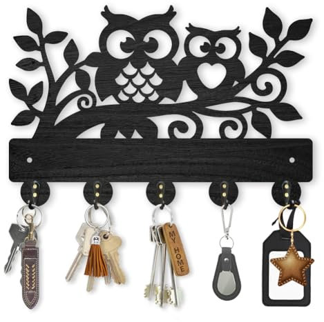 MAYJOYDIY Appendiabiti da parete con gufo e ramo di albero animale, portachiavi per parete, gancio da parete in legno, 30 x 20 cm, gancio decorativo a forma di gufo, 5 ganci in lega per ingresso
