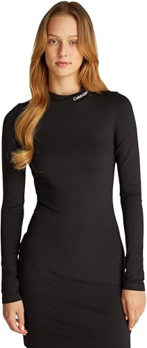 Calvin Klein Damen Kleid Logo Elastic Milano Langarm, Schwarz (Ck Black), S