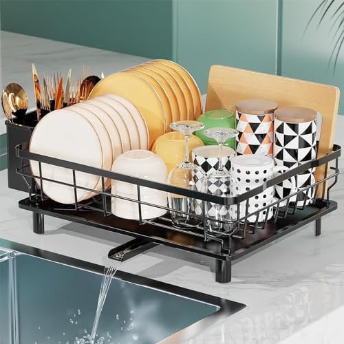 LIONONLY Dish Drainer Rack with Drip Tray,Stainless Steel Draining Board Rack with Utensil Holder,Detachable Large Dish Drying Rack for Kitchen,Swivel Drainage Spout,Kitchen Sink Drainer Rack