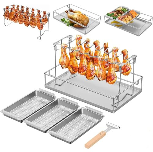 SafBbcue 6-In-1 Chicken Leg Wing Rack 14 Slots with Drip Tray Thanksgiving Turkey Roasting Pan for Kamado Joe Grill Accessories Pellet Gas Grills 304 Stainless Steel Great for Roast Meat Lasagna,16L