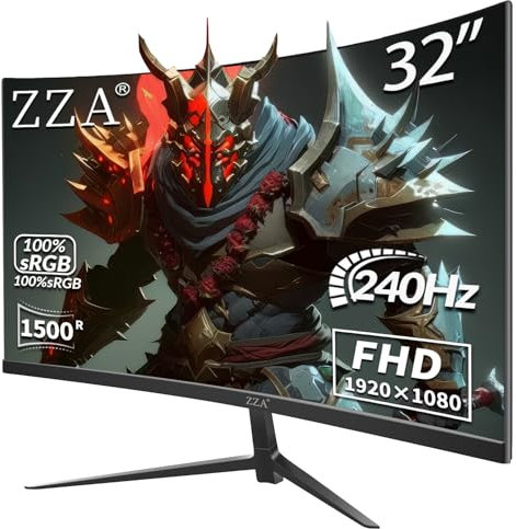 ZZA Monitor da gioco curvo 32 1K HDR - FHD (1920 x 1080), 240 Hz, 1500R, 1 ms, sfocatura estrema bassa movimento, FreeSync Premium, montaggio VESA, DisplayPort, HDMI