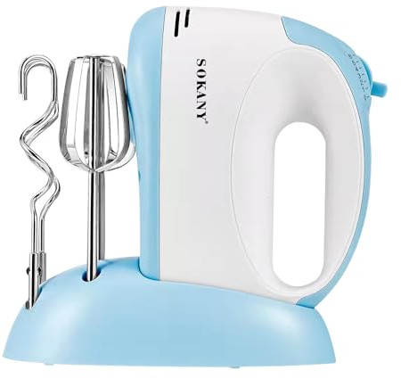 SOKANY 300W Handmixer Handrührgerät - 5 Stufen & Turbo & Auswurf-Funktion I Hand Mixer Handrührer Rührgerät I Handrührgeräte inkl. 2 Rührbesen und 2 Knethaken und 1 Sockel (Blau/Weiß)