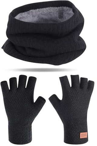 Winter Samt Schal Half Finger Warm Gestrickte Handschuhe Set, Herren Schal aus Schwarzem Samt, Winter Warm Schal und Handschuhe Set, Halsschlauch Fleece Schal Schlauchtuch für Herren Frau （Schwarz）