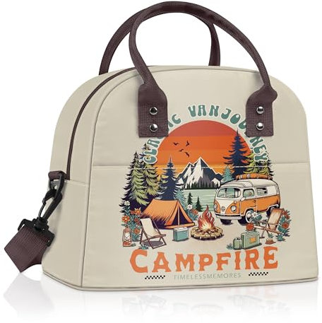 Clastyle Bolsa Termica Porta Alimentos Mujer Beige Camping, Bolsa almuerzo Adulto Reutilizables con Correa, Bolsa Comida Trabajo Hoguera para Viaje Picnic