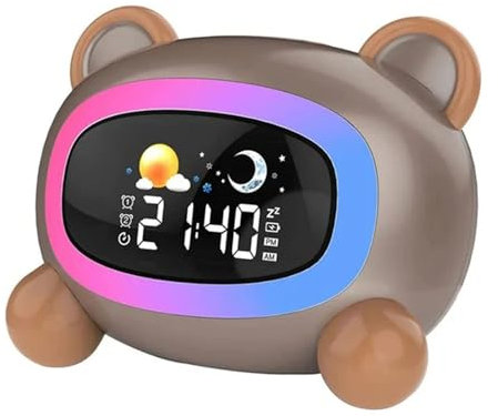 Wetterstationen Kinderwecker, süßer Katzenwecker mit Nachtlichtern, Schlaftrainer for Kinder, Lichtuhr for Jungen und Mädchen, Geschenke, Bär Multi-Außensensor