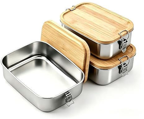 STARVAST 2 Stück Brotdose Edelstahl Lunchbox Erwachsene Kinder - Lunch Box Adult 700ML Brotdose Metall mit Holzdeckel Vesperdose BPA-frei Brotzeitdose Bento Box Frühstücksbox Brotbox für Schule Ausflü