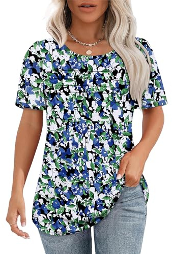 Chicrise Tee Shirt Femme D'Été À Manches Courtes Col Rond Plissé Tunique Chic Et Élégant Basique Lâche Haut Bleu Blanc Fleurs Grand 42-44