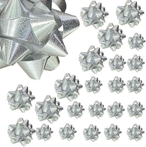 24er Geschenkschleifen Papier Silber Set(8xØ8.5cm,16xØ6,35 cm),Selbstklebend Geschenk-Schleifen Geschenkedekoration Geschenkrosetten für Geschenkverpackung Weihnachten Geburtstag