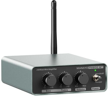 MANAYO Amplificateur Bluetooth 200 W pour haut-parleurs passifs, récepteur stéréo domestique 2 canaux avec aigus, basses et contrôle du volume, compatible avec téléphones portables, lecteurs CD