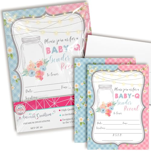 BabyQ Gender Reveal Invitations with Mason Jar and Gingham Design - 20 Fill In 5x7 BBQ Theme Cards with Envelopes - Cute Backyard Baby Shower Invites by AmandaCreation