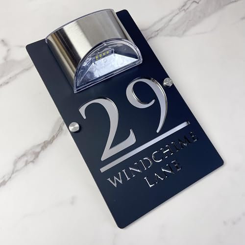 Personalised Solar LED House Number Sign – Custom Illuminated Door Plaque with Laser Engraving – Waterproof Acrylic Address Plate – Auto ON at Night for Home Wall, Fence or Gate (Black silver)