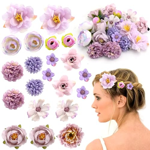 Satiskid Silk Fabric Flower Hair Clips - 21PCS Realistic 3D Rose Hairpins for Women, Multiple Elegant Designs Boho Wedding Beach Party Hair Accessories (Purple series)