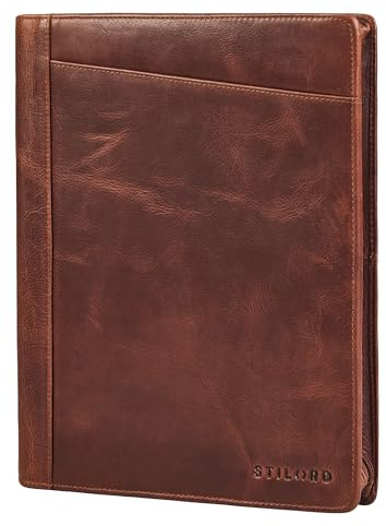 STILORD 'Marek' Echtleder Dokumentenmappe A4 Leder Konferenzmappe Vintage Schreibmappe Ledermappe mit Reißverschluss & Tabletfach 13-13,6 Zoll für Arbeit Büro Meetings, Farbe:Kara - Cognac