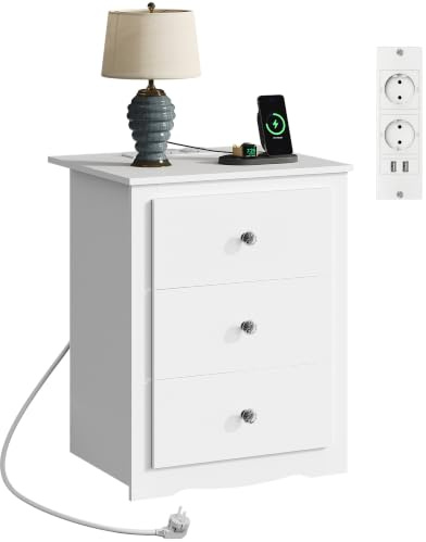 WLIVE Nachttisch weiß mit Steckdose, Nachtschrank mit 3 Schubladen, Weiß | Bedside Table mit Ladestation und Ablagefläche, USB-Anschlüsse, Metallrahmen, Kommode für Schlafzimmer, Wohnzimmer, Büro