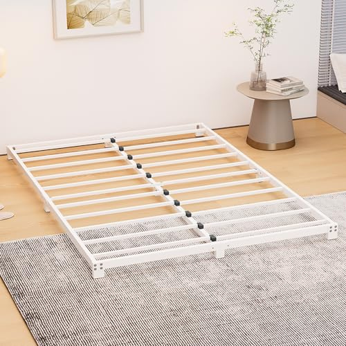 VERFARM Cadre de lit king size bas de 8 cm, lit métal 150x200 cm, cadre de lit king size 5 pieds en métal robuste avec support à lattes en acier, pas de sommier nécessaire, montage facile, sans bruit