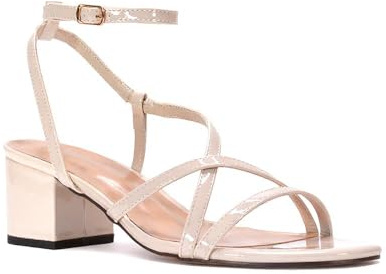 ESSEX GLAM Women's Ankle Strap Sandals Ladies Low Mid Block Heel Party Bridal Faux Leather Buckle Strappy Shoes Size 3-8