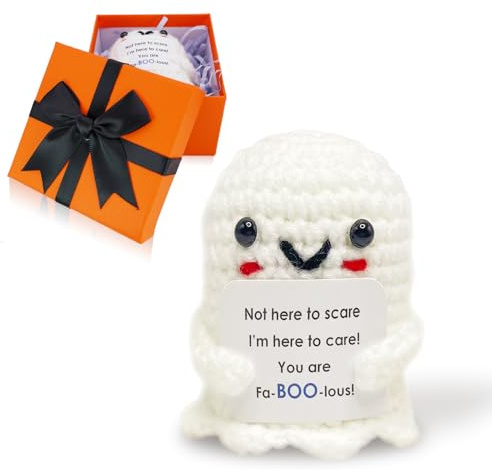 Ben & Bel Crochet Ghost Plush Gift with Thoughtful Message Card, Positive Emotional Support Knitted Soft Toy, Cute Keep Calm Encouragement Gift for Friends, Kids, Teens, Birthday, Exams, Graduation
