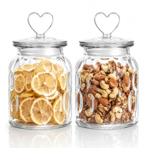 HomeyHoney Deko Glas mit Herzförmig Deckel, Candy Bar Gläser 2er Set | Runde Vorratsgläser mit Niedlich Deckel Küche als Spaßglas, Bonbonglas für Süßigkeiten, Kaffee, 650 ml, Edelstein Textur