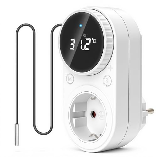 Ransanx Digitales Steckdosen-Thermostat mit Drehregler, 4-in-1 Temperaturregler & Zeitschaltuhr, Externer Fühler, für Terrarium, Gewächshaus