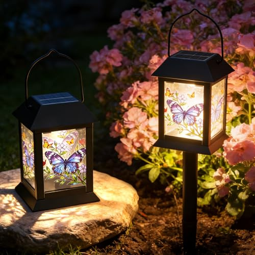 2 Stück Lampions Außen Wetterfest, IP65 Solarlampen für Außen, Laternen für Draußen Metall Solarleuchten mit PVC-Schmetterlingsblumenmuster, Solar Laterne für Garten, Draußen, Gartendeko, Geschenk