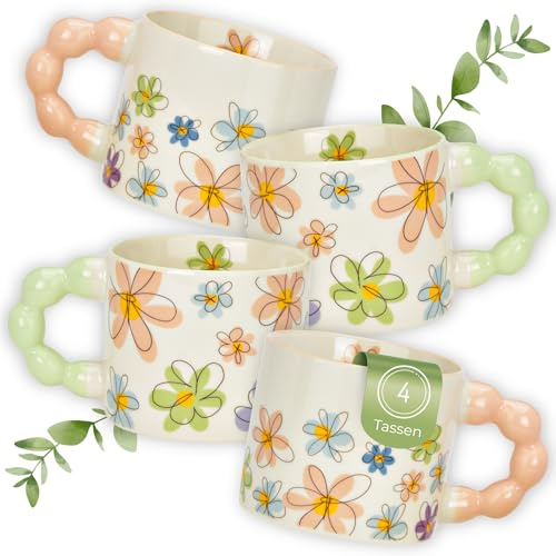 matches21 HOME & HOBBY Kaffeetassen mit Perlengriff, bunte Frühstückstasse 335 ml - 4er Set Kaffeetasse mit großen Blumen Dekor