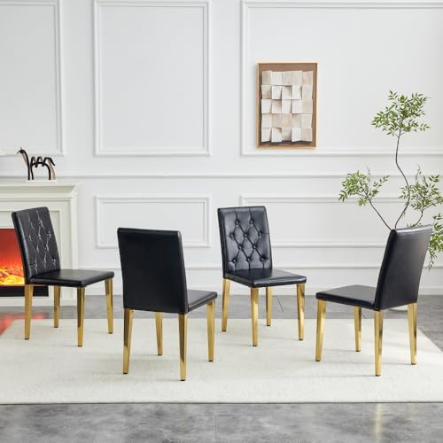 Lot de 4 chaises de salle à manger noires avec alliage doré brillant - Pieds en métal de luxe légers avec protections antidérapantes - Dossier haut avec surpiqûre en losanges - Pour salle à manger