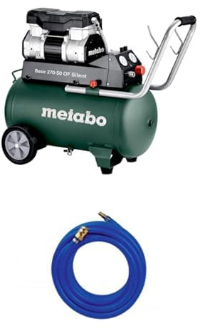 metabo Kompressor Basic 270-50 OF Silent - 50L Kessel, 10 bar Druck, 130 l/min Füllleistung - Ölfrei, leise, mobiler Werkstatt-Kompressor für Heimwerker & Profis - Inkl. Druckluftschlauch 10 m