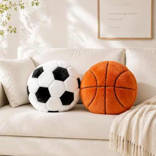Wxeadu 2 PCS Kuschelkissen Flauschig, ø 35CM Plüsch Fußballkissen + Plüsch Basketballkissen, Flauschiges Kuschelkissen, Kreative Zimmer Dekoration für Kinderzimmer, Geschenk für Jungen und Fans