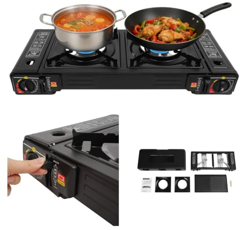 Gaskocher 2-flammig, 2-in-1 Camping Gasgrill, Gaskocher mit Grillplatte, 2500W pro Brenner für Butan oder Gas