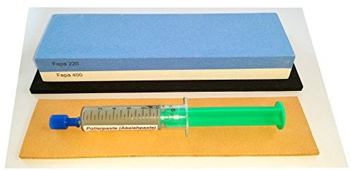 Messer-Schärf-Set, 3-teilig, 6cm breiter!!! Korund FEPA 220/400 + Leder + Polierpaste