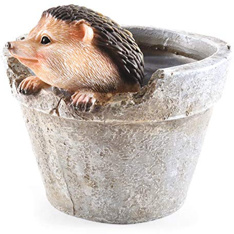 Burwells Hedgehog Design Flower Plant Pot – Weather Resistant Hand Painted Stone Effect Polyresin Outdoor Garden Novelty Animal Planter with Drainage Hole - Measures H15cm x Dia.15.5cm