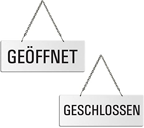 Hängeschild Wendeschild Geöffnet Geschlossen Melamin beidseitig weiß beschichtet Texte beidseitig Metallkette mit 2 Karabinerhaken Format 175 x 65 mm Nr.31203-W