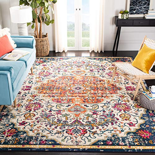SAFAVIEH Boho Teppich für Wohnzimmer, Esszimmer, Schlafzimmer - Madison Collection, Kurzer Flor, Elfenbein und Orange, 91 X 152 cm